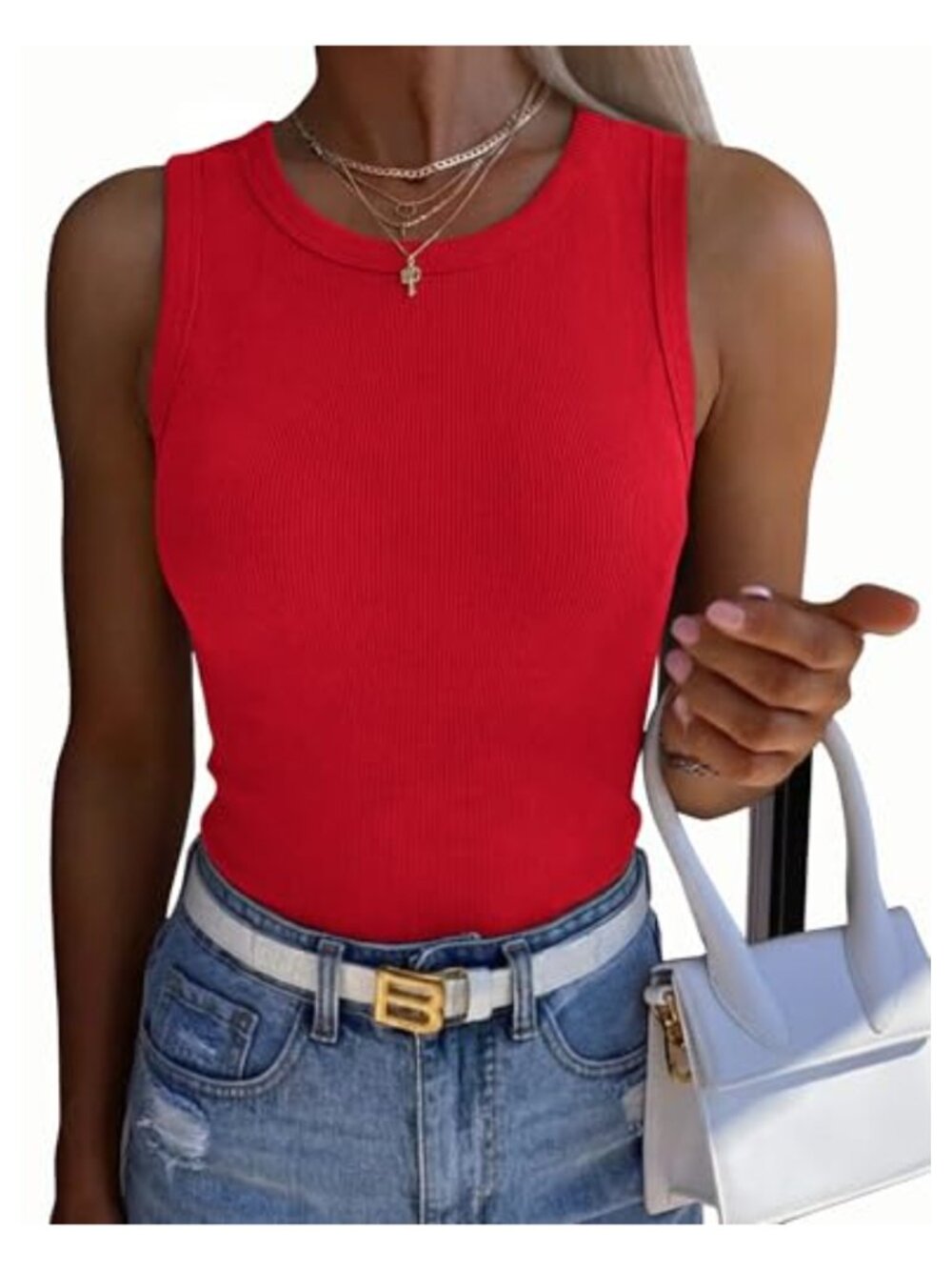 Womens Ribbed Tank Top High Neck Sleeveless Slim Fit Summer Basic Cami